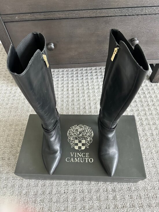 Vince Camuto Shoes - Vince Camuto Debnee Black Leather Knee High Boots Pointed Toe Gold Buckle Stilet